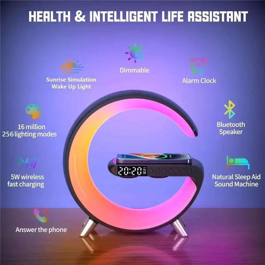 BIG G Multifunctional Bluetooth Speaker with RGB Night Light and Fast Wireless Charging Stand for iPhone, Samsung, and Xiaomi