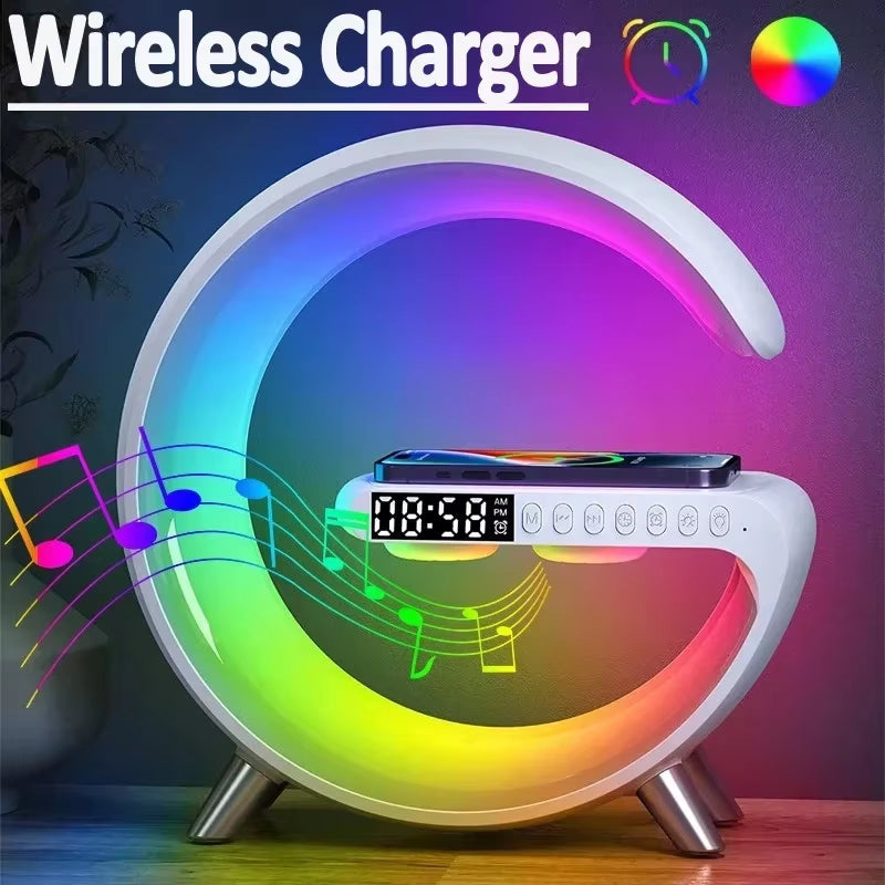 BIG G Multifunctional Bluetooth Speaker with RGB Night Light and Fast Wireless Charging Stand for iPhone, Samsung, and Xiaomi