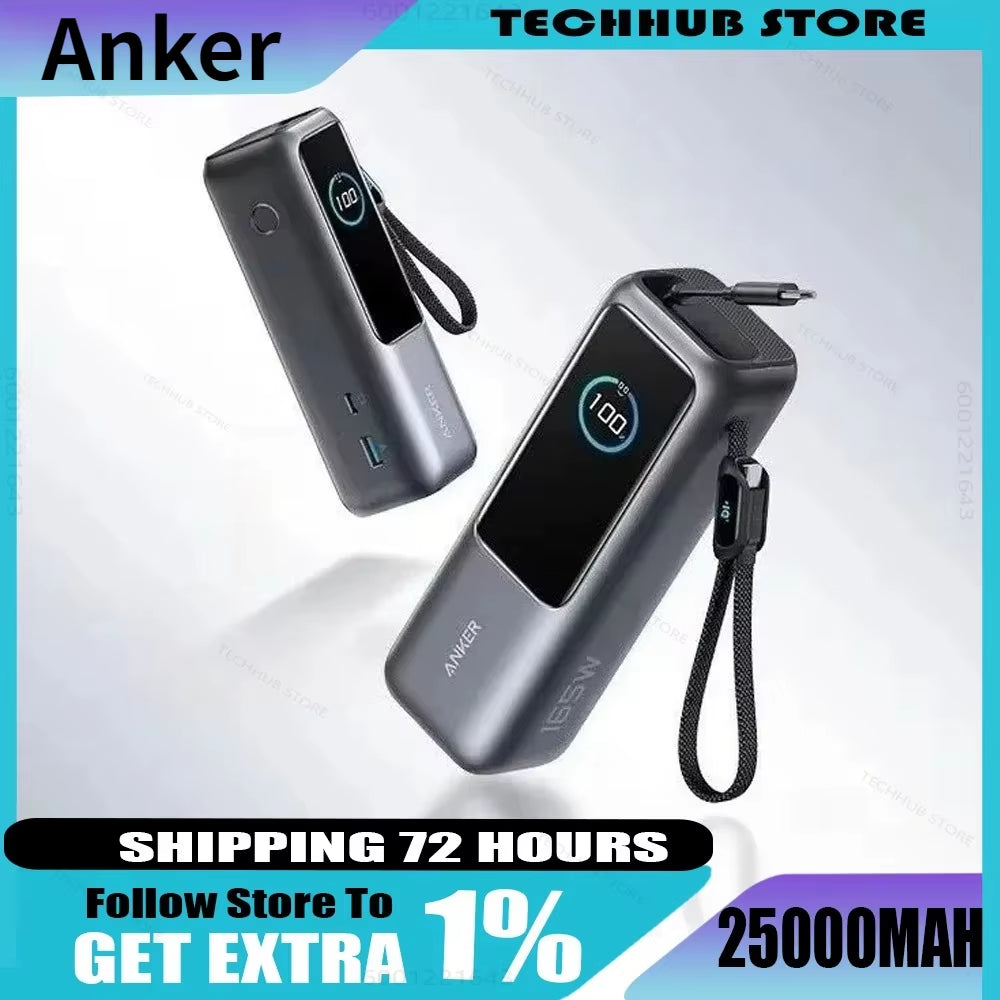 Anker Zolo Power Bank 25000Mah 165W Max Fast Charge High Capacity Retractable Cables Mobile Phone Power Bank Lightweight PC
