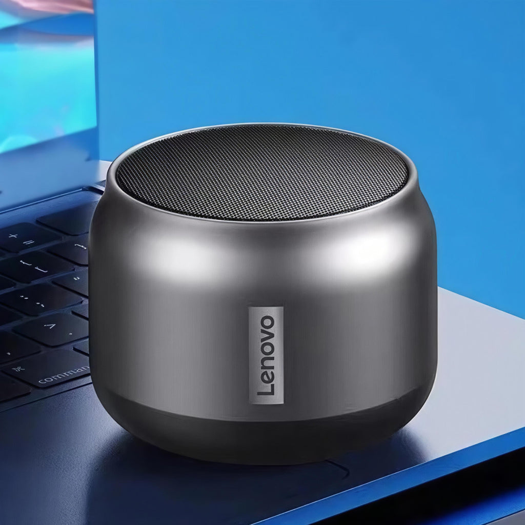 Lenovo portable wireless speaker, water resistant, with surround sound and bass.